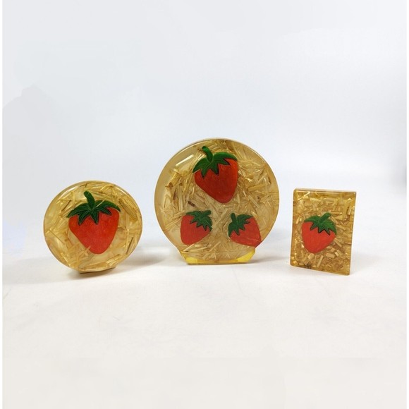 Colorful Lucite Strawberries Napkin Holder Toothpicks Holder Kitchen Set 60s 70s - Picture 1 of 15